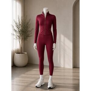 Women’s Burgundy Activewear Set – Zip Up Jacket & High Waist Leggings